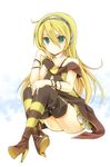  ahoge aqua_eyes bad_id bad_pixiv_id belt_boots black_footwear black_legwear blonde_hair boots head_rest headphones high_heel_boots high_heels lily_(vocaloid) long_hair looking_at_viewer sitting solo thigh_boots thighhighs vocaloid yonema 