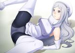  1girl aila_jyrkiainen blush boots breasts dress elbow_gloves gloves gundam gundam_build_fighters hat highres hornet_(artist) large_breasts legs legs_up long_hair looking_down lying panties pantyhose purple_eyes simple_background spread_legs thigh_boots thighhighs thighs underwear white_hair 