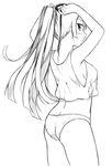  adjusting_hair ass bad_id bad_pixiv_id blush breasts crop_top from_behind greyscale long_hair looking_back medium_breasts monochrome no_bra no_pants panties peach_(momozen) ponytail profile sideboob simple_background sketch solo standing tank_top tying_hair underwear white_background 