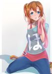  blue_eyes blush clothes_writing d: hair_ornament highres kousaka_honoka long_hair looking_at_viewer love_live! love_live!_school_idol_project off_shoulder one_side_up open_mouth orange_hair pants parted_lips scrunchie shadow shirt sitting solo sweat t-shirt towel wariza yamaori_(yamaorimon) 