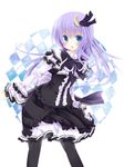  bad_id bad_pixiv_id black_legwear blue_eyes crescent crescent_hair_ornament frills gothic_lolita hair_ornament lolita_fashion long_hair looking_at_viewer original pantyhose parted_lips purple_hair solo yonema 