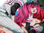  1girl 2boys anal anus areolae baseball_cap baseball_uniform bottomless breasts breasts_outside cap censored clothed_sex female gangbang group_sex hat large_breasts long_hair long_twintails looking_back multiple_boys nikuchimaki nipples no_bra open_mouth penis pink_eyes pink_hair pussy rasis saliva sex shirt solo sound_voltex sportswear sweat tears threesome twintails vaginal 
