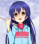  arrow bad_id bad_nicoseiga_id blue_hair commentary empty_eyes hood hoodie karamoneeze long_hair looking_at_viewer love_live! love_live!_school_idol_project open_mouth smile solo sonoda_umi yellow_eyes 