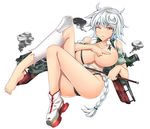  bangs bare_shoulders barefoot black_panties bra braid breasts breasts_outside check_translation collarbone commentary_request covering covering_nipples cupless_bra damaged feet flipped_hair full_body hair_ornament highleg highleg_panties holding jude_(minority_lilac) kantai_collection large_breasts long_hair looking_down lying no_bra on_back one_eye_closed panties parted_lips platform_footwear scrunchie shoes silver_hair simple_background single_braid single_shoe smoke solo thighhighs thighs torn_clothes translated translation_request underwear unryuu_(kantai_collection) very_long_hair white_background white_legwear yellow_eyes 