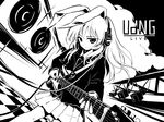  animal_ears blazer bunny_ears checkered checkered_floor cloud dutch_angle electric_guitar greyscale guitar headphones instrument jacket kongari_(kngr) long_hair looking_at_viewer loudspeaker monochrome necktie reisen_udongein_inaba skirt solo studio_lights touhou 