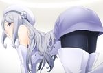 1girl aila_jyrkiainen all_fours ass bare_shoulders blush boots breasts dress elbow_gloves gloves gundam gundam_build_fighters hat highres hornet_(artist) large_breasts legs long_hair looking_back purple_eyes simple_background solo thigh_boots thighhighs thighs white_hair 
