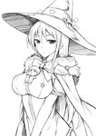  bad_id bad_pixiv_id bow breasts character_doll fur_trim greyscale hat kagari_ayaka large_breasts long_hair monochrome peach_(momozen) school_uniform sketch solo takamiya_honoka v_arms witch_craft_works witch_hat 