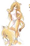  barefoot blonde_hair braids breasts brown_eyes claws cougar feline female fur hair hand_on_hip kikurage long_hair looking_at_viewer mammal muscles plain_background simple_background slit_pupils solo topless white_background white_fur 