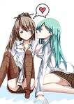  aqua_hair blue_eyes breasts brown_hair hiba_(p-p-purin) kantai_collection kumano_(kantai_collection) large_breasts long_hair multiple_girls panties ponytail school_uniform suzuya_(kantai_collection) underwear yuri 