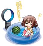  :d =_= ball beachball bikini bladeless_fan brown_hair chibi closed_eyes dyson electric_fan fang food fruit hair_ornament hairclip ikazuchi_(kantai_collection) kadose_ara kantai_collection open_mouth short_hair smile solo swimsuit translated wading_pool water watermelon watermelon_beachball 