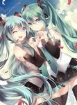  bad_id bad_pixiv_id detached_sleeves green_eyes green_hair hatsune_miku hatsune_miku_(vocaloid3) headset heart heart_hands heart_hands_duo long_hair multiple_girls necktie one_eye_closed open_mouth shouen_kigashi skirt thighhighs twintails very_long_hair vocaloid 