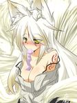  animal_ears blush breasts cleavage condom condom_in_mouth fox_ears fox_tail goma_(gomasamune) green_eyes large_breasts long_hair looking_at_viewer mouth_hold multiple_tails original solo tail white_hair 