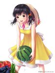  :d akiyama_minaki black_hair carrying cucumber dress eggplant food fruit hair_ornament hat hat_around_neck hat_removed headwear_removed ilog looking_at_viewer occhan_(11715) official_art open_mouth simple_background smile solo straw_hat tomato twintails watermelon white_background yellow_dress 
