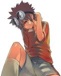  1boy brown_eyes brown_hair digimon digimon_adventure_02 goggles hand_on_back looking_at_viewer male_focus matoi_keruna motomiya_daisuke pout sitting soccer_uniform socks solo sports_uniform sportswear uniform white_legwear white_socks 