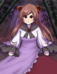  :o animal_ears bamboo bamboo_forest brown_eyes brown_hair dress forest frilled_sleeves frills imaizumi_kagerou long_hair long_sleeves nature puchiyuyoyo touhou wide_sleeves wolf_ears 