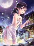  :d akiyama_minaki architecture bangs bare_shoulders black_eyes black_hair breasts building collarbone copyright_name east_asian_architecture fireflies full_moon hair_bobbles hair_ornament ilog looking_at_viewer moon naked_towel night night_sky occhan_(11715) official_art onsen open_mouth rock sky small_breasts smile solo steam towel twintails wet 