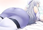  aila_jyrkiainen ass bare_shoulders bed blush boots breast_press breasts dress elbow_gloves from_behind gloves gundam gundam_build_fighters hat highres hornet_(artist) huge_ass long_hair looking_away lying medium_breasts on_stomach pantyhose pillow pillow_grab purple_eyes silver_hair simple_background smile solo thigh_boots thighhighs thighs 