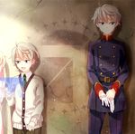  1girl age_comparison aldnoah.zero asseylum_vers_allusia belt blonde_hair blue_eyes cardigan child gloves green_eyes looking_to_the_side md5_mismatch military military_uniform necktie open_mouth out_of_frame removing_glove rirako short_hair silver_hair slaine_troyard standing sweater uniform wall white_gloves 