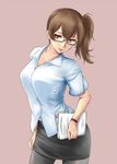  alternate_costume bespectacled black-framed_eyewear black_legwear brown_eyes brown_hair cowboy_shot glasses ishii_hisao kaga_(kantai_collection) kantai_collection pantyhose papers pencil_skirt pink_background semi-rimless_eyewear short_hair side_ponytail simple_background skirt solo teacher under-rim_eyewear 