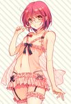  :o androgynous ayamiya_fumi babydoll bad_id bad_pixiv_id banned_artist beige_background cowboy_shot crossdressing expressionless eyelashes garter_straps glasses gowther leg_garter lingerie looking_at_viewer male_focus nanatsu_no_taizai navel nippleless_clothes nipples nude otoko_no_ko parted_lips pink_hair pointing pointing_at_self short_hair simple_background solo standing striped striped_background tattoo underwear yellow_eyes 