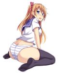  ass bad_id bad_pixiv_id black_legwear blue_eyes blush character_request from_behind hair_ribbon long_hair looking_at_viewer no_pants open_mouth panties peach_(momozen) ribbon school_uniform serafuku sitting solo striped striped_panties tears thighhighs underwear wariza white_background 