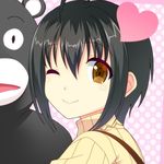  ahoge black_hair blush brown_eyes heart idolmaster idolmaster_cinderella_girls kohinata_miho kumamon looking_at_viewer one_eye_closed short_hair smile solo totokichi 