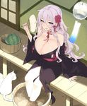  angelo_(gomahangetsu) basin breasts cat fan hair_ornament heterochromia highres huge_breasts japanese_clothes kimono kuroda_kanbee_(sengoku_bushouki_muramasa) lavender_hair long_hair paper_fan porch purple_eyes sengoku_bushouki_muramasa silver_eyes sitting soaking_feet tatami uchiwa very_long_hair water wind_chime 