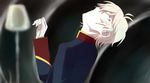  ahoge aldnoah.zero araragi_koyomi bad_id bad_pixiv_id bakemonogatari gloves green_eyes head_tilt looking_back military military_uniform misaki_(inagoinaire) monogatari_(series) parody shaft shaft_look short_hair silver_hair slaine_troyard uniform white_gloves 