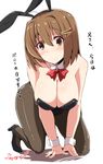  animal_ears bare_shoulders breasts brown_eyes brown_hair bunny_ears bunnysuit cleavage detached_collar hair_ornament hairclip high_heels kichihachi large_breasts nakahara-kun_no_kahogo_na_imouto nakahara_maria pantyhose short_hair simple_background solo translated white_background wrist_cuffs 
