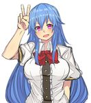  bad_id bad_pixiv_id blue_hair blush bow breasts highres hinanawi_tenshi large_breasts long_hair michihasu no_hat no_headwear open_mouth pink_eyes simple_background smile solo touhou upper_body v very_long_hair white_background 