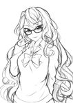  bad_id bad_pixiv_id bow bowtie collared_shirt furi2play! glasses greyscale head_tilt long_hair long_sleeves looking_at_viewer margit_(furi2play) mole mole_under_eye monochrome parted_lips peach_(momozen) shirt simple_background sketch smile solo very_long_hair wavy_hair white_background 