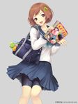  :d bag bike_shorts brown_eyes brown_hair hair_ornament holding ilog looking_at_viewer magazine occhan_(11715) official_art open_mouth pleated_skirt school_bag school_uniform serafuku shiina_kikko short_hair shorts shorts_under_skirt skirt smile solo 