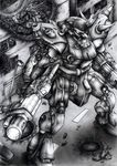  artist_request destruction dual_wielding gun gundam gundam_0080 highres kampfer_(mobile_suit) mecha monochrome road street weapon 