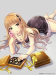  black_dress box box_of_chocolates brown_eyes brown_hair chocolate dress gift gift_box glass himehara_tsubasa holding ilog jewelry long_hair looking_at_viewer lying necklace occhan_(11715) official_art on_stomach parted_lips solo 