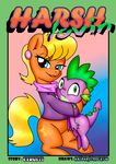  2014 anibaruthecat blonde_hair blue_eyes clothing cutie_mark dragon duo earth_pony english_text equine female friendship_is_magic hair horse hug looking_at_viewer male mammal ms_harshwhinny_(mlp) my_little_pony pony spike_(mlp) text 