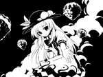  bow cloud dress food fruit greyscale hat hinanawi_tenshi keystone kongari_(kngr) long_hair looking_at_viewer monochrome outstretched_arm peach sky smile solo touhou 