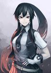  alternate_costume anchor belt breasts embers gloves hand_on_hip hetza_(hellshock) highres kantai_collection large_breasts long_hair looking_at_viewer necktie pleated_skirt ponytail red_eyes revision sidelocks skirt smile solo very_long_hair vest white_gloves yahagi_(kantai_collection) 