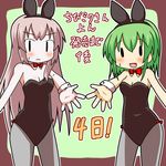  :d alternate_costume animal_ears breasts bunny_ears bunnysuit cleavage fake_animal_ears fl-chan fl_studio green_eyes long_hair medium_breasts megurine_luka minami_(colorful_palette) multiple_girls open_mouth pantyhose pink_hair reaching short_hair smile sweat translation_request vocaloid 
