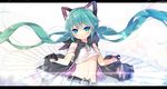  belt floating_hair gloves green_eyes green_hair hatsune_miku highres letterboxed long_hair navel saru solo twintails very_long_hair vocaloid 