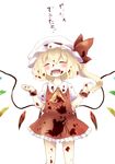 ascot blonde_hair blood blood_on_face blood_splatter closed_eyes fangs flandre_scarlet hat highres mob_cap nekoha open_mouth side_ponytail smile solo touhou translation_request wings wrist_cuffs 