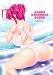  animal_ears ass bunny_ears di_gi_charat dice earrings hair_up inflatable_raft jewelry konmori_(kinbou_sokai) looking_at_viewer looking_back one-piece_swimsuit pink_eyes pink_hair short_hair swimsuit usada_hikaru water 