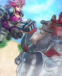  aqua_eyes battle breasts cleavage crossover defense_of_the_ancients dota_2 goggles goggles_on_head greenmarine highres large_breasts league_of_legends long_hair mechanical_arms pauldrons pink_hair vi_(league_of_legends) ymir_(dota) 