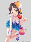  ;p bent_over breasts brown_eyes brown_hair candy_apple cleavage food hair_ornament holding ilog looking_at_viewer mask medium_breasts occhan_(11715) official_art one_eye_closed ribbon-trimmed_clothes ribbon_trim sandals solo tongue tongue_out 