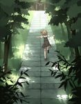  blonde_hair forest frilled_skirt frills hair_ribbon hakurei_shrine nature outstretched_arms ribbon rumia sh_(562835932) shirt short_hair short_sleeves shrine skirt spread_arms stairs touhou vest 