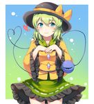  bad_id bad_pixiv_id blue_eyes bow gradient gradient_background green_hair hat hat_bow heart heart_of_string komeiji_koishi long_sleeves papo shirt skirt smile solo third_eye touhou wide_sleeves 