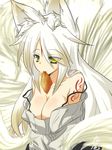  animal_ears breasts cleavage commentary_request food fox_ears fox_tail goma_(gomasamune) green_eyes inarizushi large_breasts long_hair looking_at_viewer mouth_hold multiple_tails original solo sushi tail white_hair 