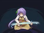 biwa_lute blue_background closed_eyes dress flower hair_flower hair_ornament inaba_(akane-jika) indian_style instrument long_hair lute_(instrument) purple_hair sitting solo touhou tsukumo_benben twintails very_long_hair 