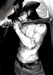  1boy belt chinstrap dracule_mihawk hat kimi_schizo looking_at_viewer male male_focus monochrome muscle one_piece solo sword topless weapon 