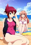  ;o absurdres artist_request beach bikini breasts brown_hair cleavage cloud day folded_ponytail highres horizon koumi_haruka large_breasts legs_together long_hair looking_back multiple_girls nyantype ocean official_art one-piece_swimsuit one_eye_closed outdoors parted_lips pink_swimsuit rail_wars! red_hair sakurai_aoi sand scan short_hair sky swimsuit tareme unzipped vest water wet zipper 