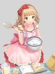  apron bag book bow brown_eyes brown_hair casual hair_bow hairband ichinomiya_ichigo ilog long_hair looking_at_viewer measuring_cup mixing_bowl occhan_(11715) official_art open_book paper_bag parted_lips recipe_(object) solo whisk 